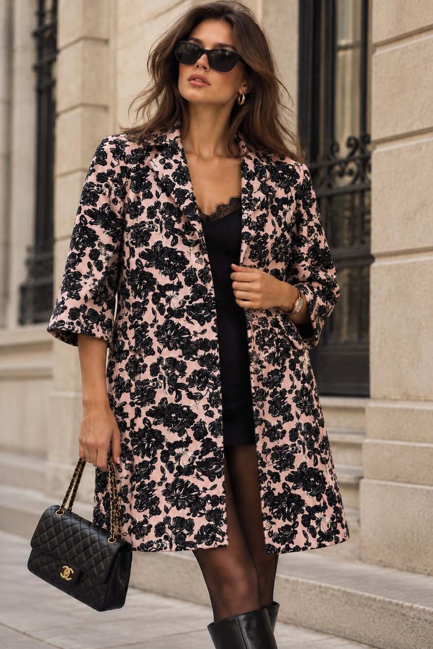 Ann Taylor Petites Pink Black Floral Jacquard Coat 4P Romantic Statement Jacket